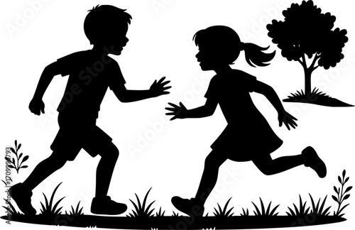 Minimal black and white vector of siblings playing tag outdoors, playful silhouette style, perfect for childhood, kids, fun, and active lifestyle themed designs.