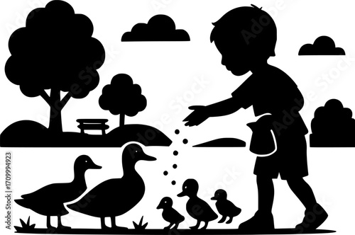 Minimal black and white vector of a child feeding ducks at a park, peaceful nature scene in silhouette style, perfect for kids, family, and outdoor themed designs.