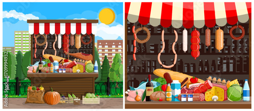 Street stall with fresh food and groceries. Outdoor market selling delicious organic products. Local shop for healthy eating concept.