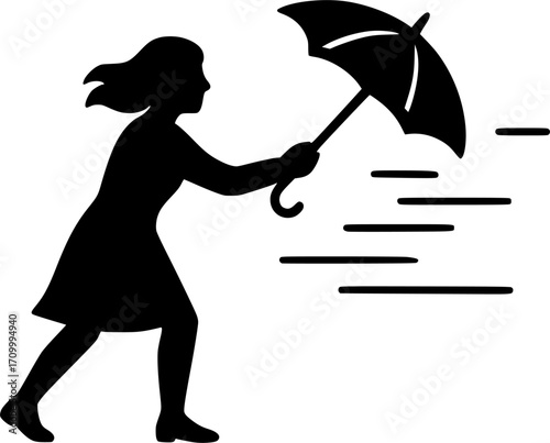 Minimal black and white vector of a woman adjusting her umbrella in the wind, elegant silhouette art for posters, prints, wall decor, and lifestyle design projects.