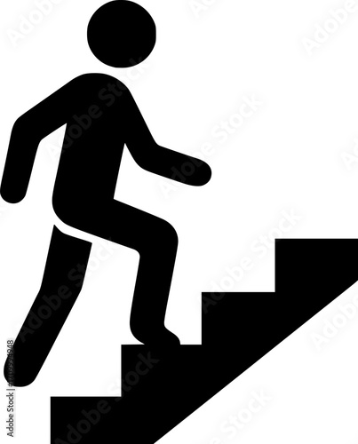 Minimal black and white vector of a person walking upstairs, simple silhouette art for posters, prints, wall decor, urban scenes, and lifestyle design projects.