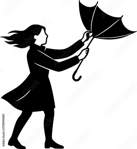 Minimal black and white vector of a woman adjusting her umbrella in the wind, elegant silhouette art for posters, prints, wall decor, and lifestyle design projects.