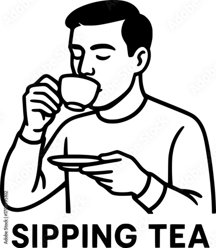 Minimal black and white vector of a man sipping tea, simple silhouette art for posters, prints, wall decor, lifestyle, and relaxing moments design projects.