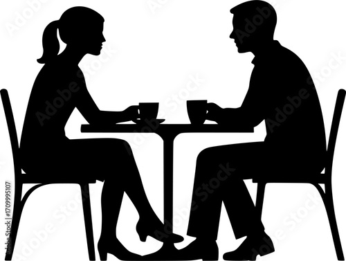 Minimal black and white vector of a couple sitting at a café table, cozy silhouette art for posters, prints, wall decor, lifestyle, and social scenes.
