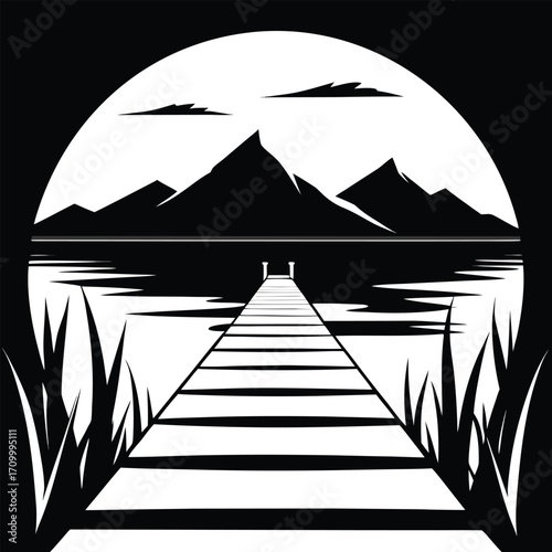 Black Silhouette Pier Leading To Mountains Over Water With Grass In Foreground dock jetty