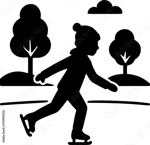 Minimal black and white vector of a child skating in the park, playful silhouette art for posters, prints, wall decor, sports, and lifestyle design projects.