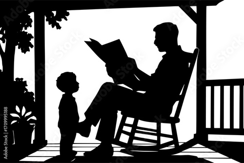 Minimal black and white vector of a father reading a newspaper on the porch, calm silhouette art for posters, prints, wall decor, lifestyle, and everyday domestic scenes.
