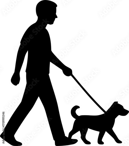 Minimal black and white vector of a person walking a small dog, simple silhouette art for posters, prints, wall decor, pet lovers, and lifestyle design projects.