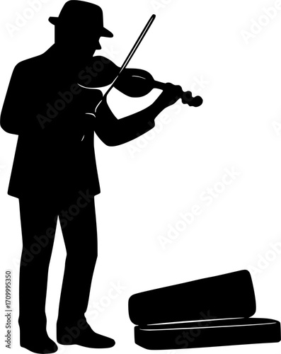 Minimal black and white vector of a street musician playing the violin, elegant silhouette art for posters, prints, wall decor, and music-themed design projects.