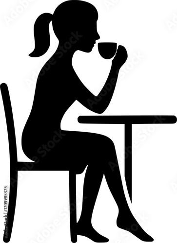 Minimal black and white vector of a woman drinking coffee at a table, elegant silhouette art for posters, prints, café scenes, lifestyle, and modern design projects.