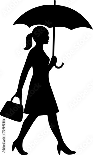 Minimal black and white vector of a woman carrying an umbrella and handbag, stylish silhouette art for posters, prints, fashion, lifestyle, and modern design projects.