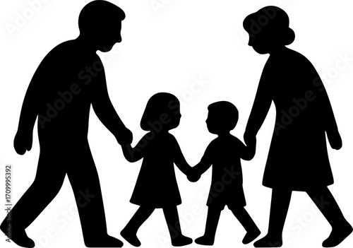 Minimal black and white vector of grandparents walking with grandchildren, heartwarming family silhouette art for posters, prints, wall decor, and generational themes.