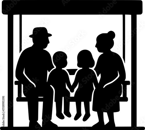 Minimal black and white vector of grandparents sitting on a porch swing with grandkids, heartwarming family silhouette art for posters, prints, and wall decor.