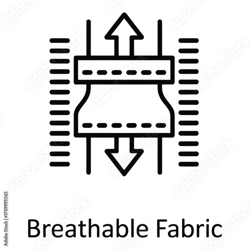 Breathable fabric technology shows air circulation with arrows indicating airflow and ventilation silhouette