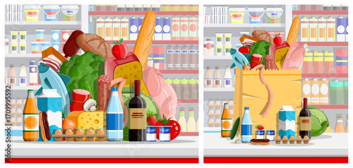 Set of fresh food and groceries in supermarket or paper bag. Meal and drink for healthy diet concept. Grocery store shopping with daily product.
