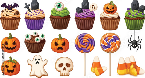 A festive collection of spooky Halloween treats and candies, perfect for holiday celebrations.