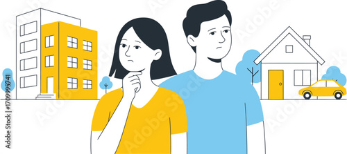 Couple contemplating life choices, house, apartment, and car decisions with thoughtful expressions