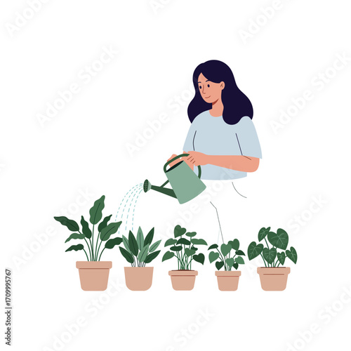 Vector art of a young woman watering potted plants with a watering can