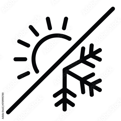 Sun and snowflake representing hot and cold weather conditions with a diagonal line across it silhouette