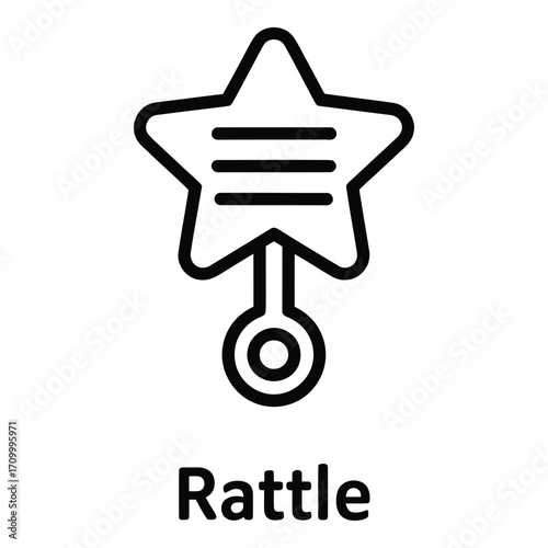 Star shaped baby rattle icon with horizontal lines inside and a round handle design element vector silhouette