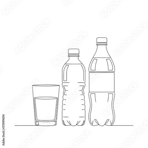Illustration of a glass of water, two bottles of water, showcasing hydration and refreshment in a simple design
