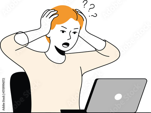 Stressed person overwhelmed by work tasks with hands on head staring at laptop screen