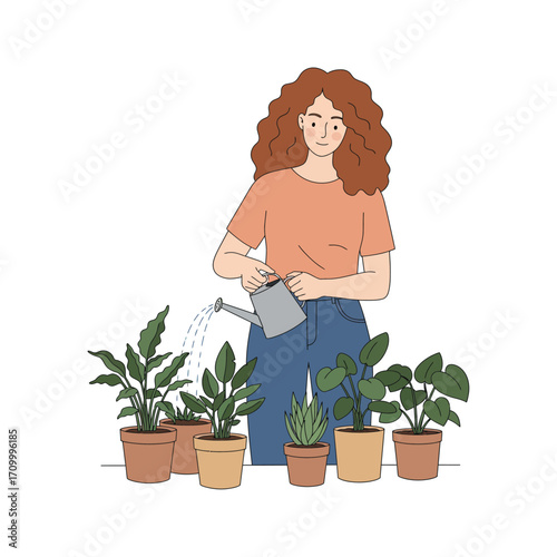 Vector art of a woman with curly hair watering potted plants with a watering can