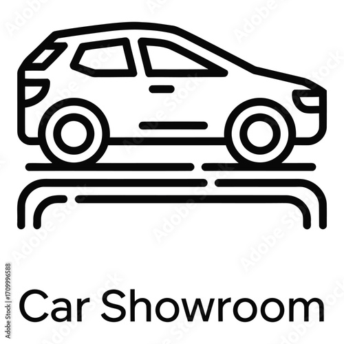 Car showroom vector illustration featuring an automobile on display with simple line art design elements silhouette