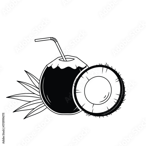 Illustration of a coconut with a straw and a half coconut, evoking tropical refreshment and exotic flavors