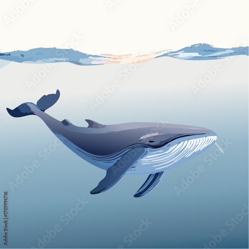 3D Wal, unter Wasser schwebend, Lichtstrahlen von oben, ruhige Atmosphäre, fotorealistisch