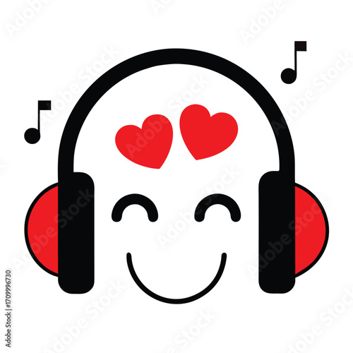 Cartoon headphones with a happy face and red hearts for eyes, with musical notes listening audio