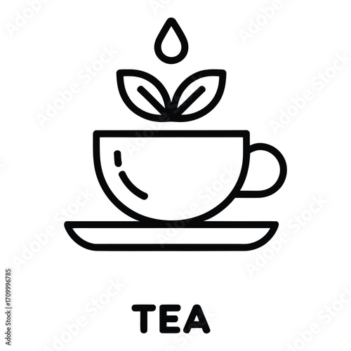 Cup of tea with leaves and a drop of water above it on a white background vector art silhouette