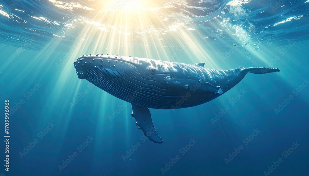 Naklejka premium 3D Wal, unter Wasser schwebend, Lichtstrahlen von oben, ruhige Atmosphäre, fotorealistisch