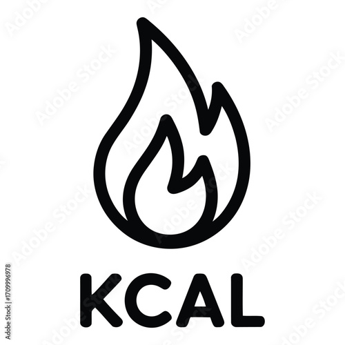Kcal icon representing energy and nutrition with a stylized flame symbol and kcal text below it silhouette