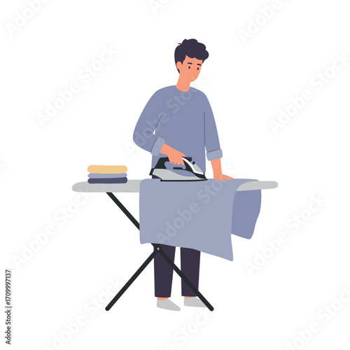 Vector art of young man ironing clothes on an ironing board
