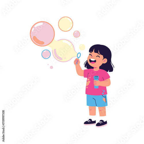 Vector art of a happy young girl blowing bubbles