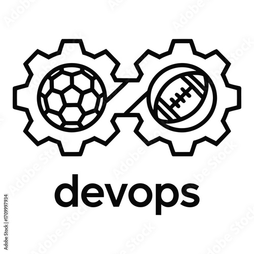 Gears with sports balls representing devops and engineering processes and collaboration concept silhouette