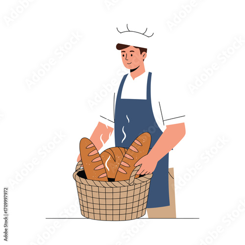 Vector art of baker wearing a chef hat and apron holding a basket full of fresh bread