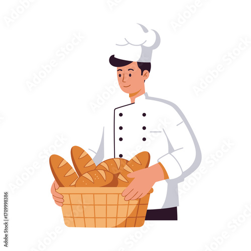 Vector art of a smiling baker wearing a chef hat and uniform, holding a basket full of freshly baked baguettes