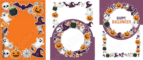 Whimsical Halloween frames featuring friendly ghosts, pumpkins, and bats for festive invitations or decorations