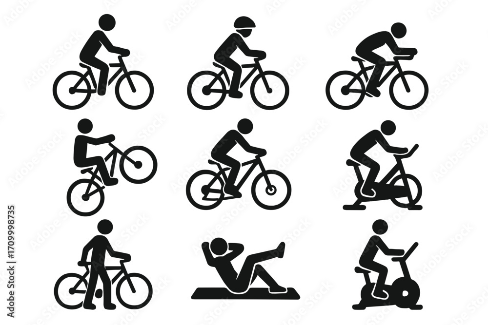 Obraz premium Cycling and Fitness Icons Set – Bicycle, Workout, Exercise Bike Vector_simple_compose