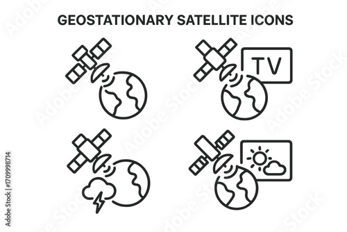 Geostationary Satellite Icons – Detailed Vector Set of Space Technology, Communication & Orbiting Satellite Symbols