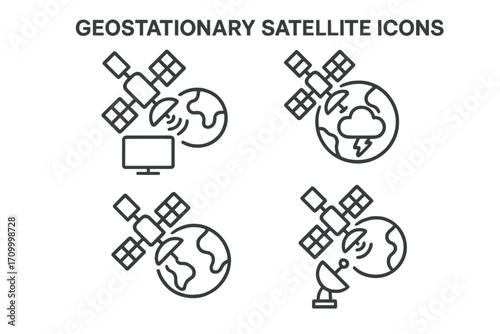 Geostationary Satellite Icons – Detailed Vector Set of Space Technology, Communication & Orbiting Satellite Symbols