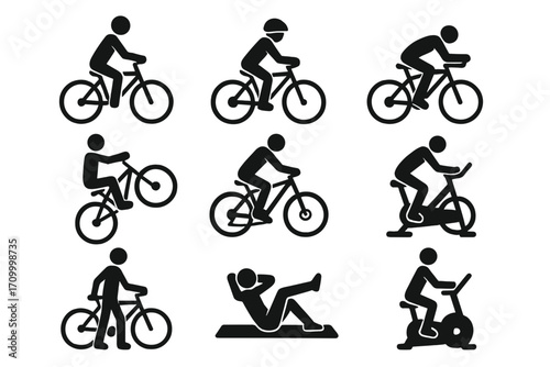 Cycling and Fitness Icons Set – Bicycle, Workout, Exercise Bike Vector_simple_compose