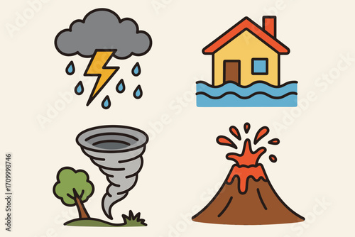 Natural Disaster Icons – Vector Set of Earthquakes, Floods, Wildfires, Storms & Emergency Response Symbols