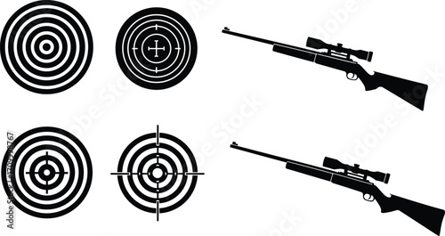 Black and white illustration of targets and sniper rifles on white background
