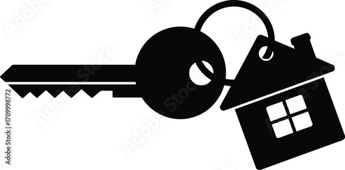 Vector illustration of house key with keychain in shape of house, real estate concept, home ownership, security, property access, black silhouette, isolated