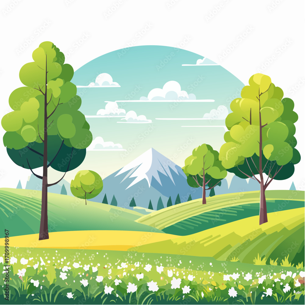 Naklejka premium spring landscape with trees in the foreground and hills with vibrant blooming meadow