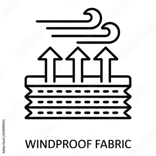 Windproof fabric icon showing air resistance with arrows and wind waves in a minimalistic style silhouette