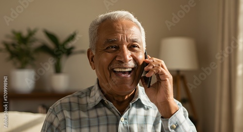 Happy senior man talking on phone at home